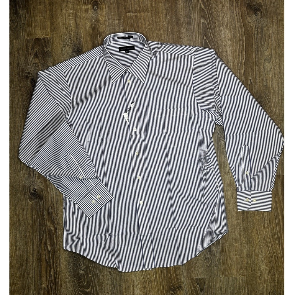 Grant Thomas Mens Blue White Striped Dress Shirt 100% Cotton 16.5 34/35 Large